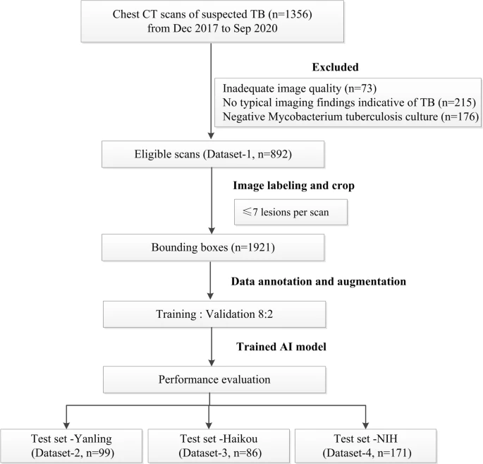 Flowchart of the study process for the training and testing datasets.