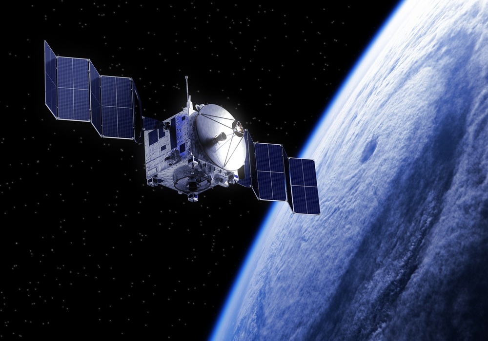 Satellite Deploys Solar Panels In Space. 3D Scene.