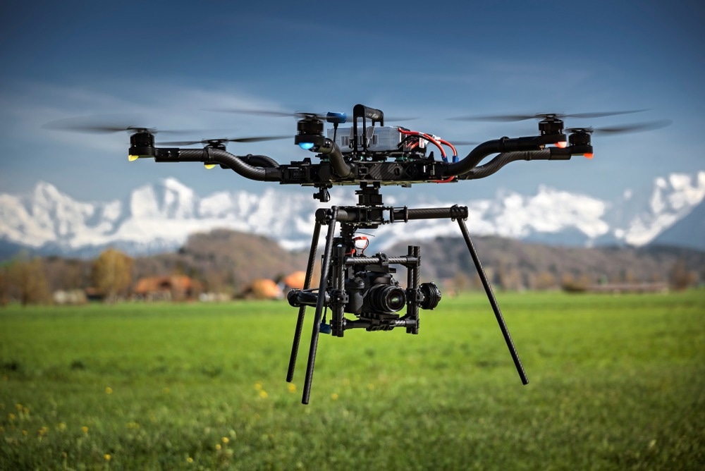 Big professional camera drone in mid-air on a film set