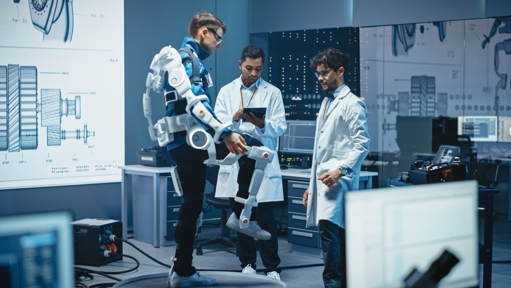 In Robotics Development Laboratory: Engineers and Scientists Work on a Bionics Exoskeleton Prototype with Person Raising Bent Leg.