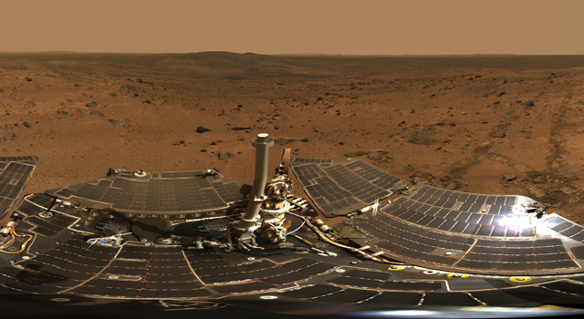 This image taken by the panoramic camera on the Mars Exploration Rover Opportunity shows the view of Victoria Crater from Duck Bay. Opportunity reached Victoria Crater on Sol 951 (September 27, 2006) after traversing 9.28 kilometers (5.77 miles) since her landing site at Eagle Crater.